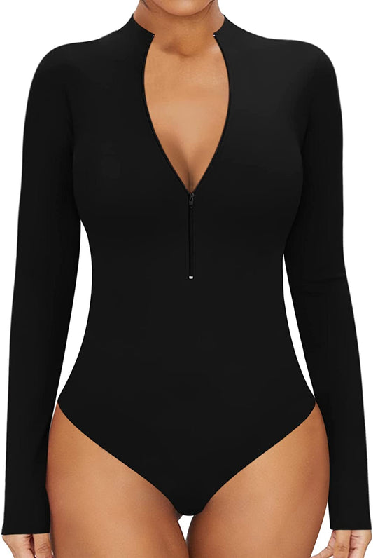 Sexy Bodysuit for Women Zipper Mock V Neck Sleeveless Short Sleeve Long Sleeve Tops T Shirts Jumpsuit