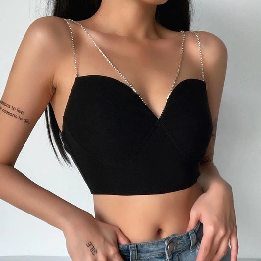 Flashing Diamond Chain Summer Crop Top Women Sexy Bustier Top Chain Strap Cropped Casual Black Crop Tops Clothes 2020