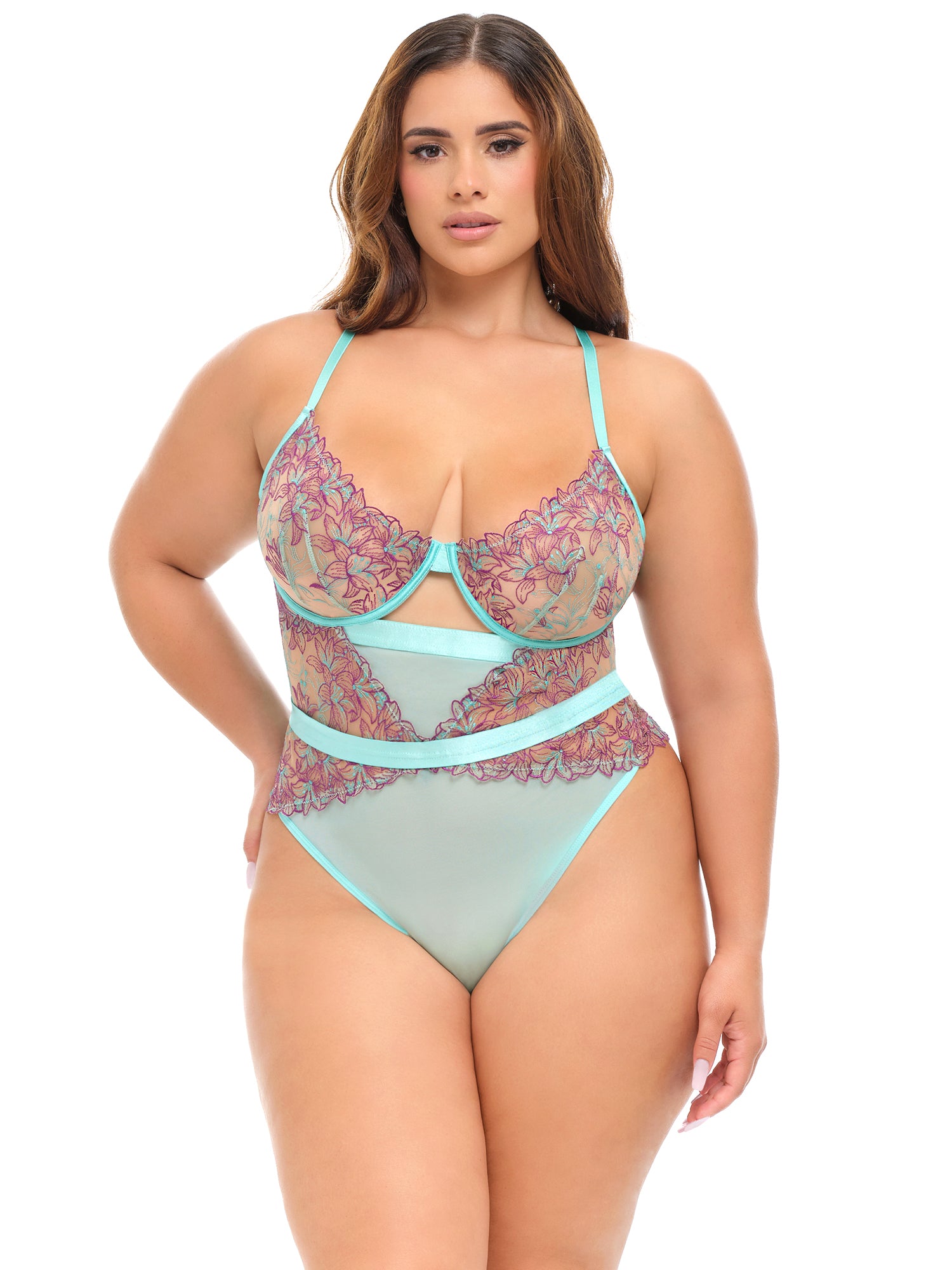 Curvy Embroidered Mesh Teddy Lingerie with Underwire Cups - Image 2