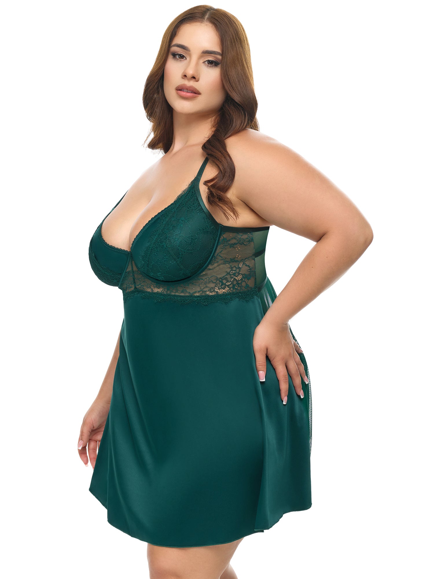 Curvy Satin Babydoll Lingerie Set with Lace Cups - Image 2