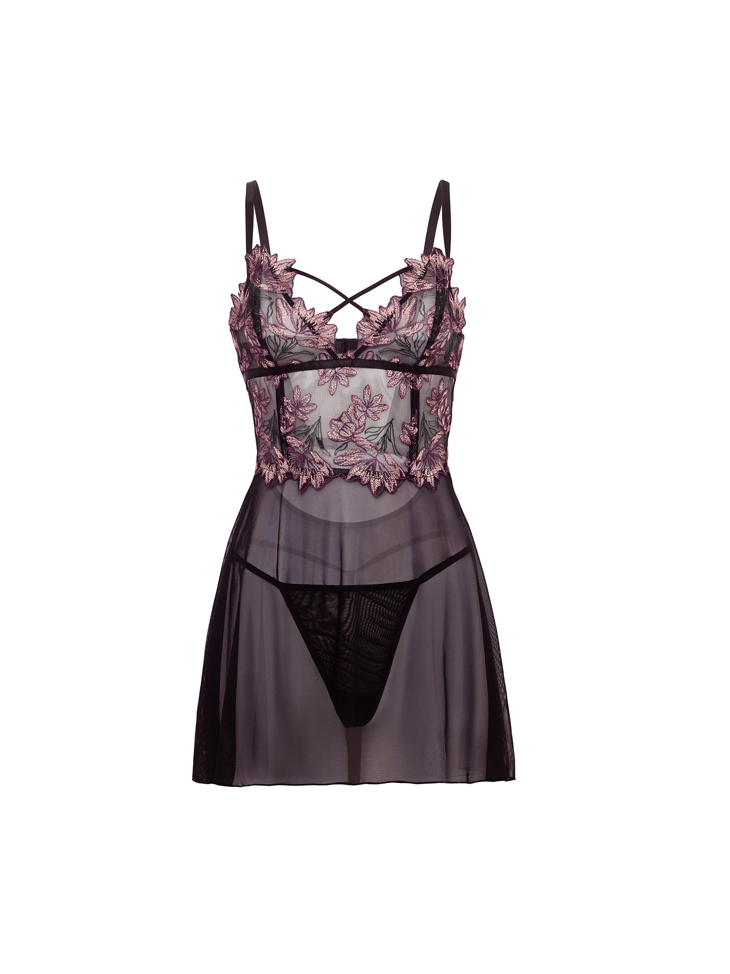 Floral Sheer Babydoll Lingerie Set with Embroidered Bodice