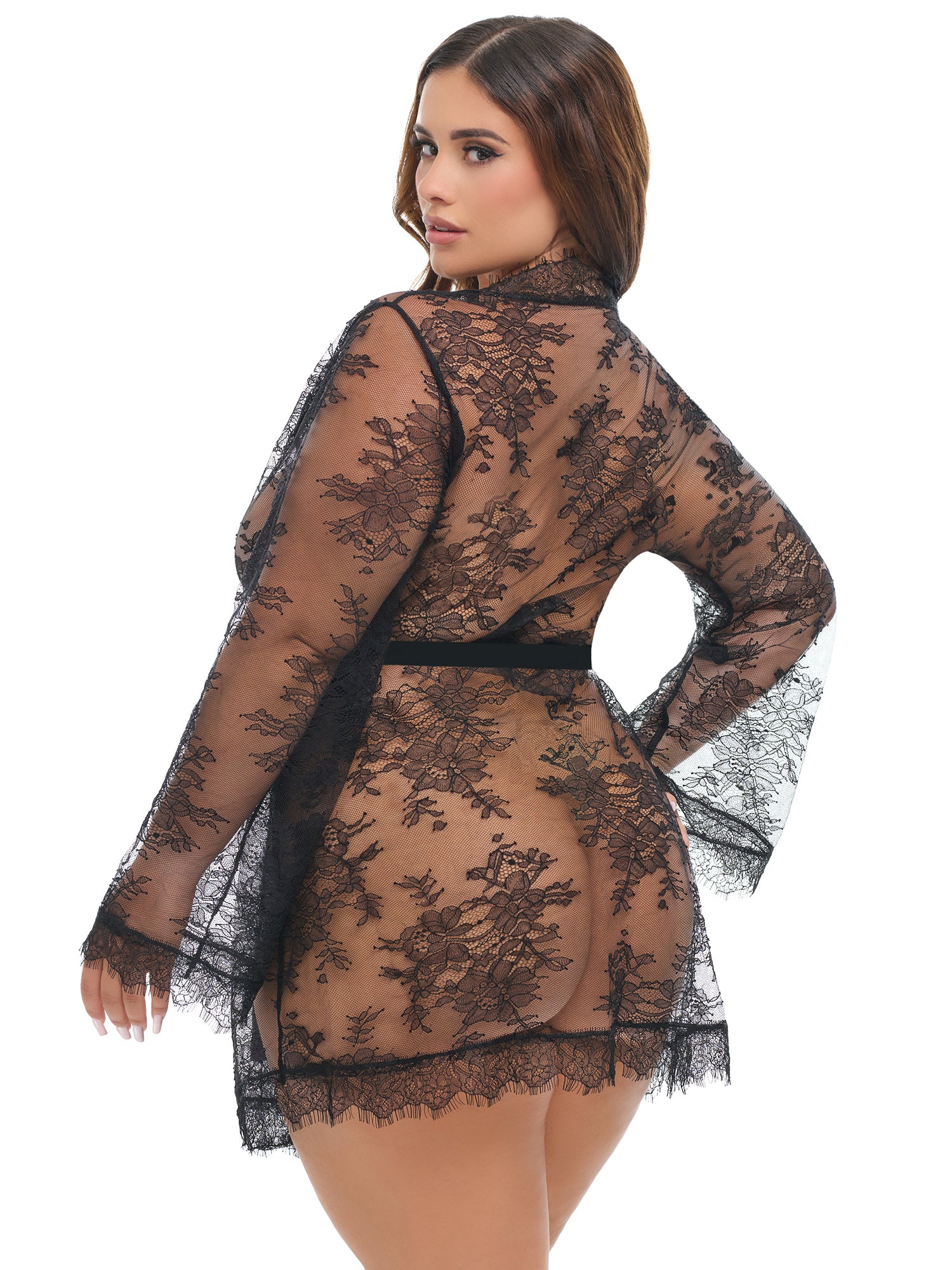 Curvy Sheer Lace Robe with Satin Waist Tie - Image 4